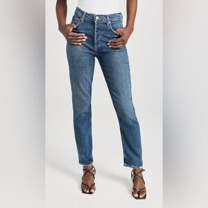 Agolde Jeans  Riley Long Straight Fray Hem Button Fly Denim